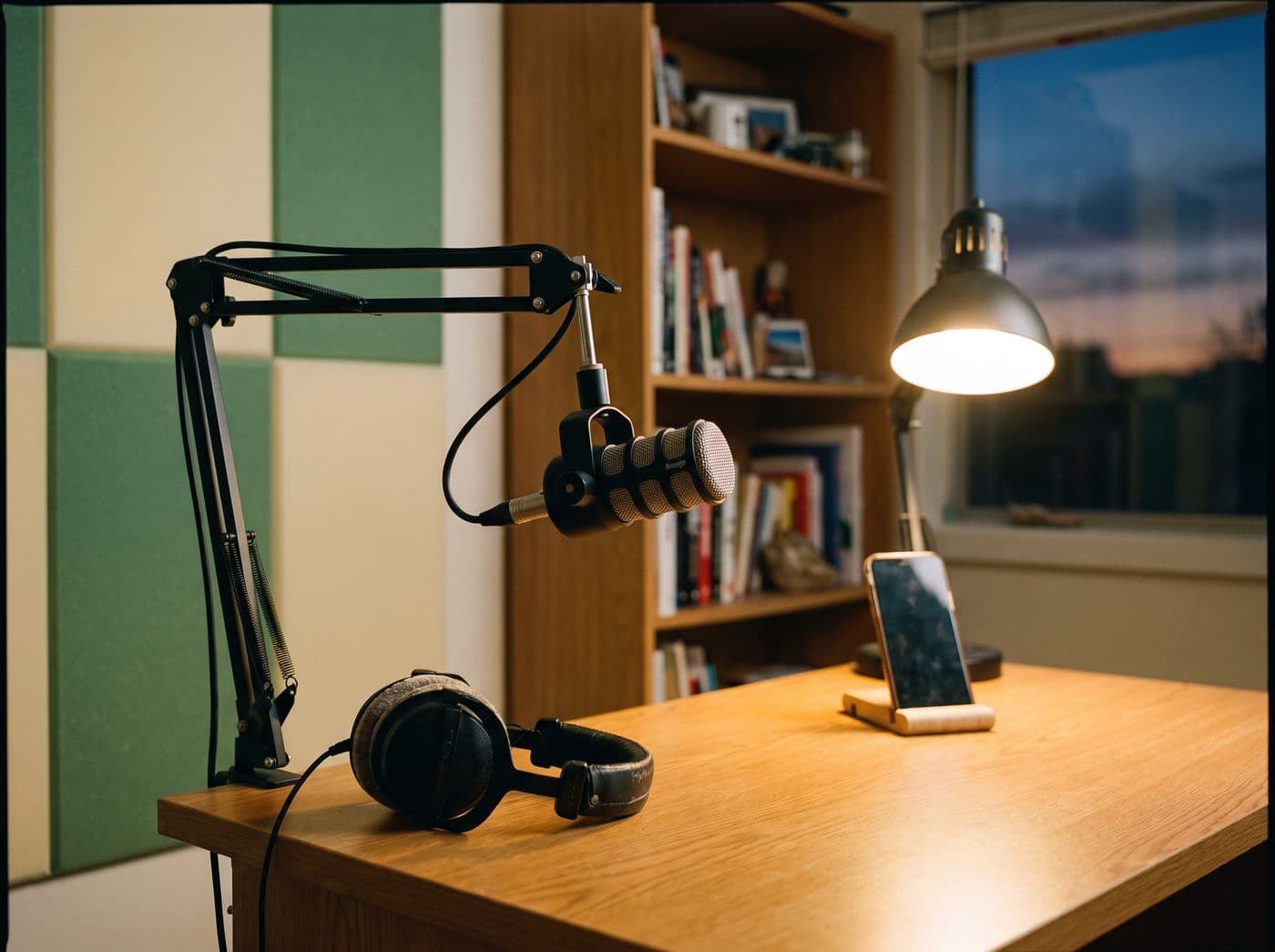 Un micro de podcast et un casque sur un bureau, un téléphone posé à côté